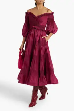 Zimmerman Pleated Off Shoulder Midi Dress in Berry Red Size 0 / AU 8
