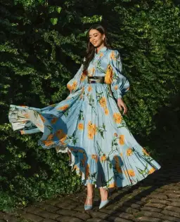 Leo Lin Marguerite Bleu Silk Linen Dress Marguerite Bleu Flora Size AU 12