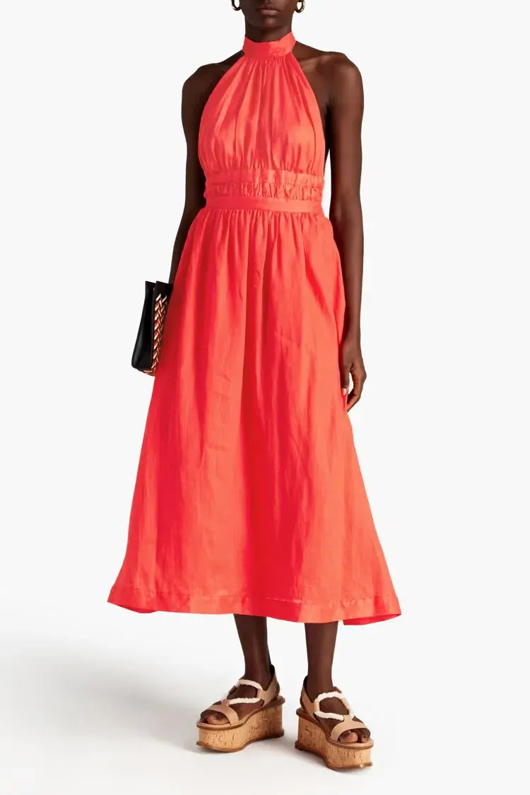 Zimmermann Shelly Halterneck Midi Dress Papaya Orange Size AU 6 for rent on The Volte - main image