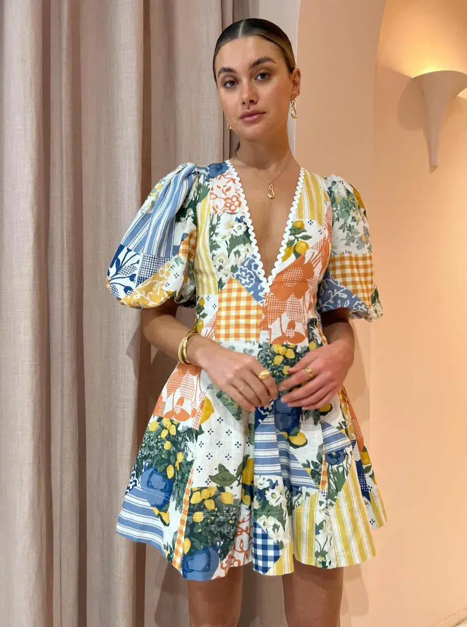 By Nicola Wavy Mini Dress Lemon Patchwork Size 6 for rent on The Volte - main image