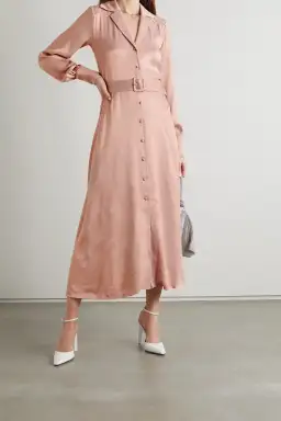 Rotate by Birger Christensen Jojo Belted Satin Shirt Dress Blush Size 8 for rent on The Volte - image 1