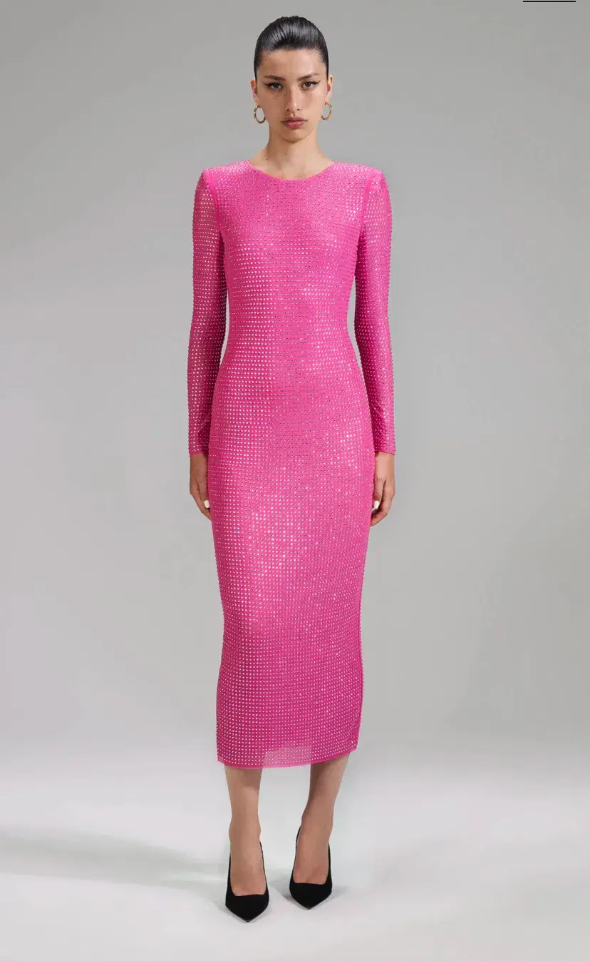 Self Portrait Pink Rhinestone Mesh Midi Dress Size 8 for rent on The Volte - main image