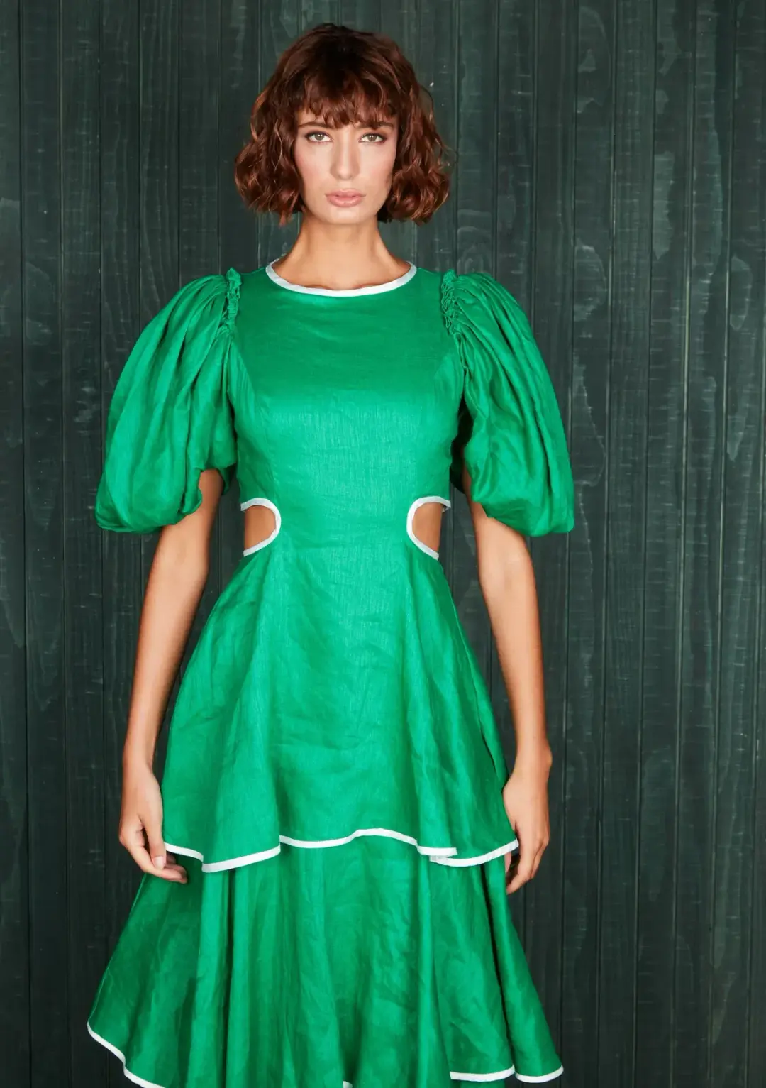 Mackenzie Mode Puff Sleeve Dress Emerald Green Size 12 for rent on The Volte - main image