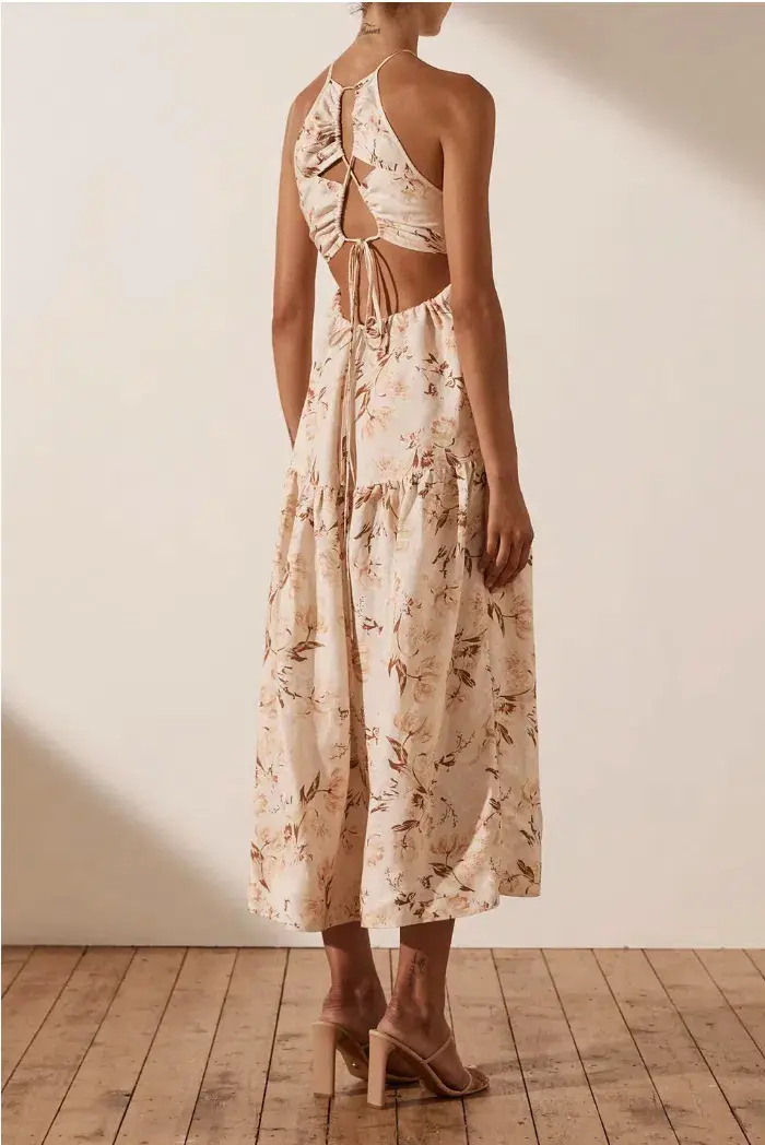 Shona Joy Roxanne Linen Open Back Tiered Midi Dress Beige Size AU 12 for rent on The Volte - main image