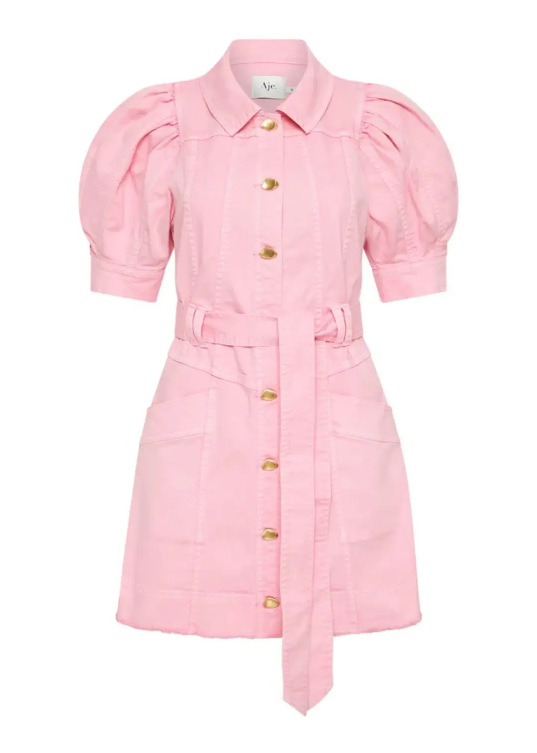AJE Flora Denim Puff Sleeve Mini Dress Bon Bon Pink Size 14 for rent on The Volte - main image