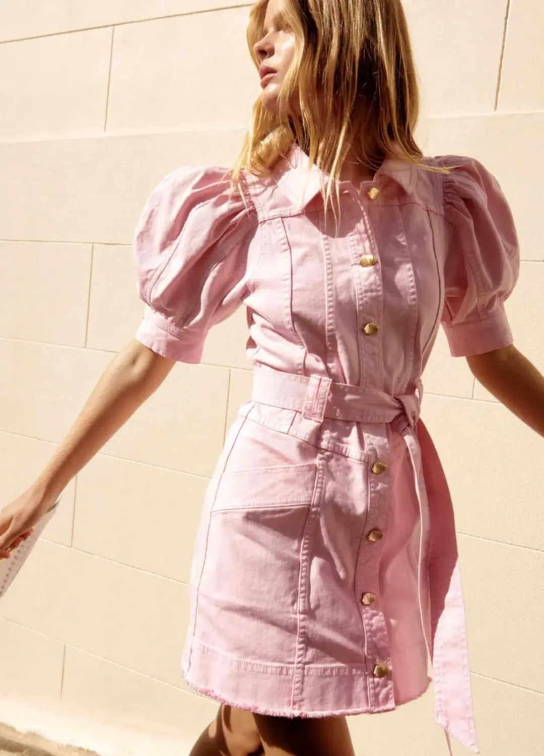 AJE Flora Denim Puff Sleeve Mini Dress Bon Bon Pink Size 14 for rent on The Volte - main image