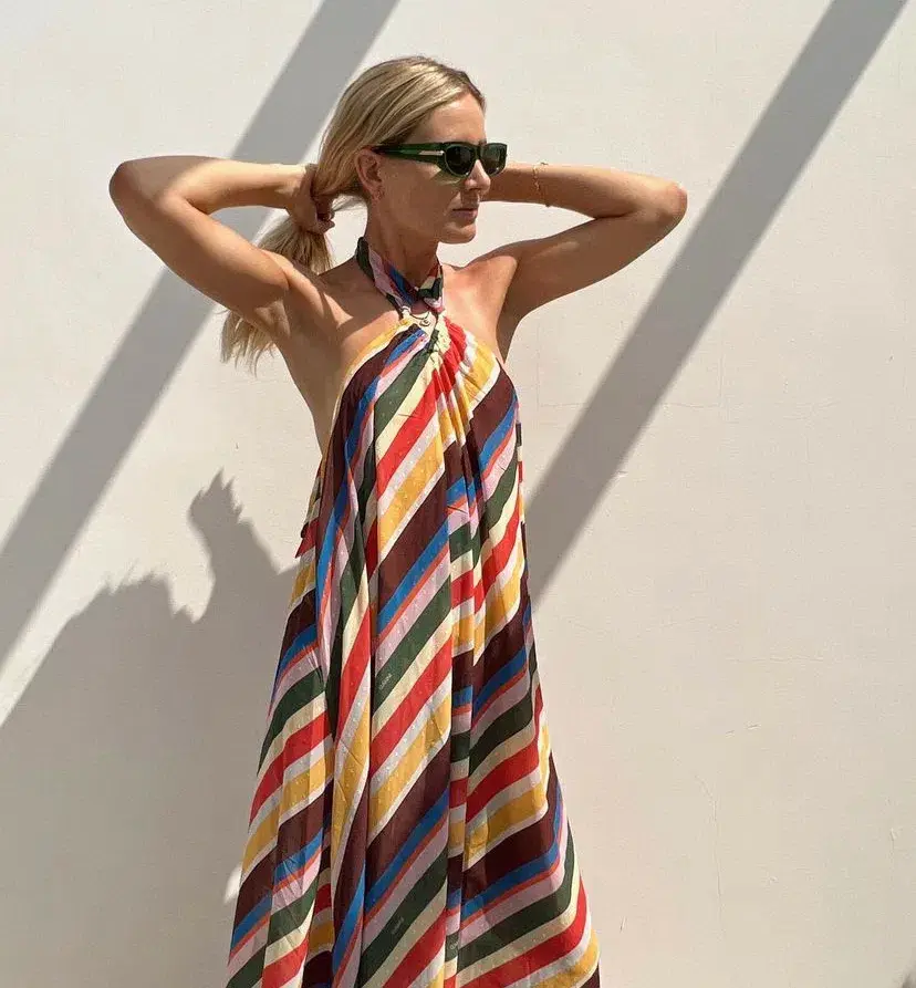 Ganni Striped Halter Neck Recycled Chiffon Midi Dress Multi Size AU 10 for rent on The Volte - main image