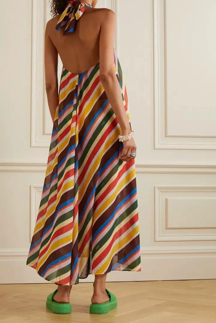 Ganni Striped Halter Neck Recycled Chiffon Midi Dress Multi Size AU 10 for rent on The Volte - main image