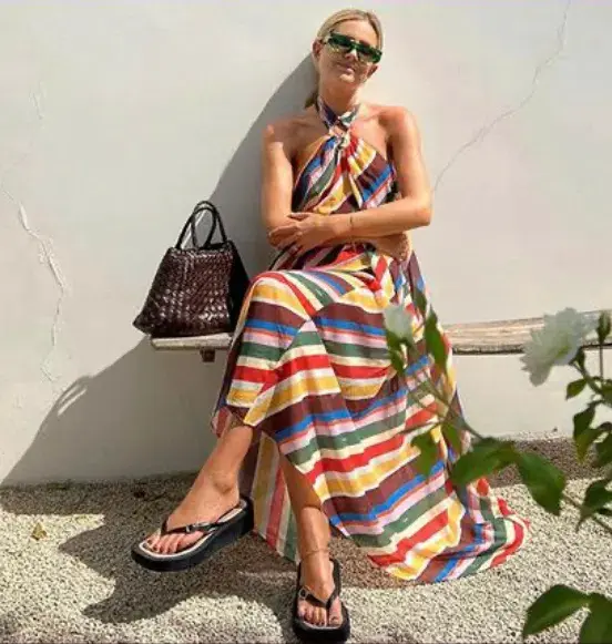 Ganni Striped Halter Neck Recycled Chiffon Midi Dress Multi Size AU 10 for rent on The Volte - main image