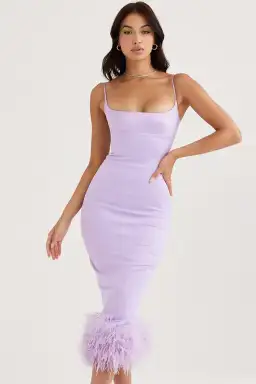 House of CB Helena Satin Feather Trim Midi Dress Purple Size M / Au 10 for rent on The Volte - image 4