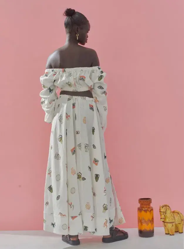 Alemais Hera Drawstring Top and Midi Skirt Set Ivory/Print Size 6 for rent on The Volte - main image