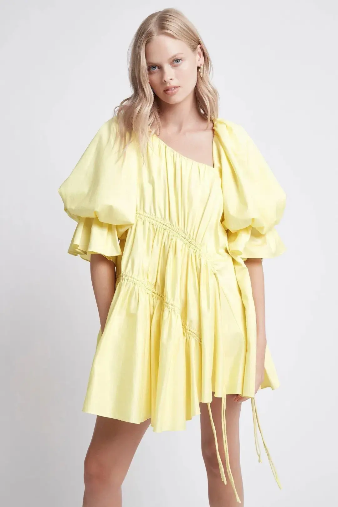 Aje Hushed Asymmetric Mini Dress Yellow Size 8 for rent on The Volte - main image