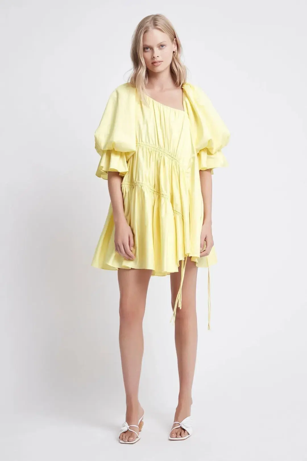Aje Hushed Asymmetric Mini Dress Yellow Size 8 for rent on The Volte - main image