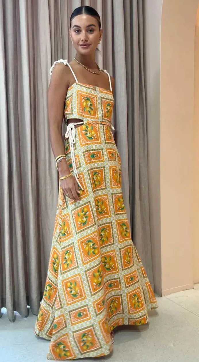 By Nicola Lemonade Tie Maxi Dress in Orange Mosaic Size AU 10 for rent on The Volte - main image