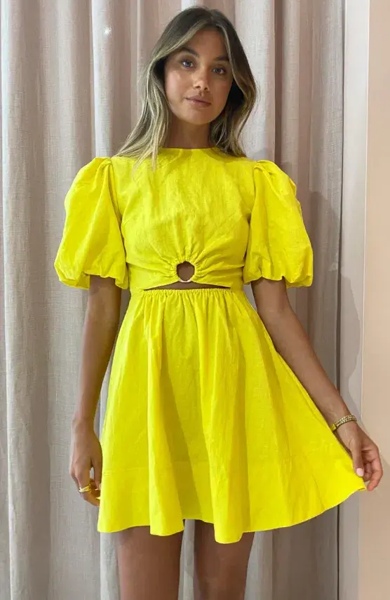 By Nicola Dahlia Ring Detail Mini Dress Yellow Size 10 for rent on The Volte - main image