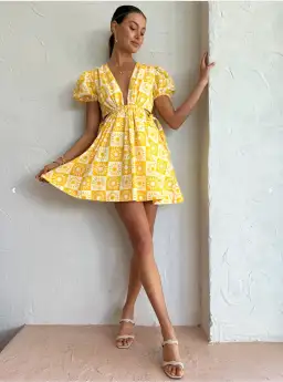 By Nicola Ahoy Plunge Neck Mini Dress Yellow Size AU 8 for rent on The Volte - image 4