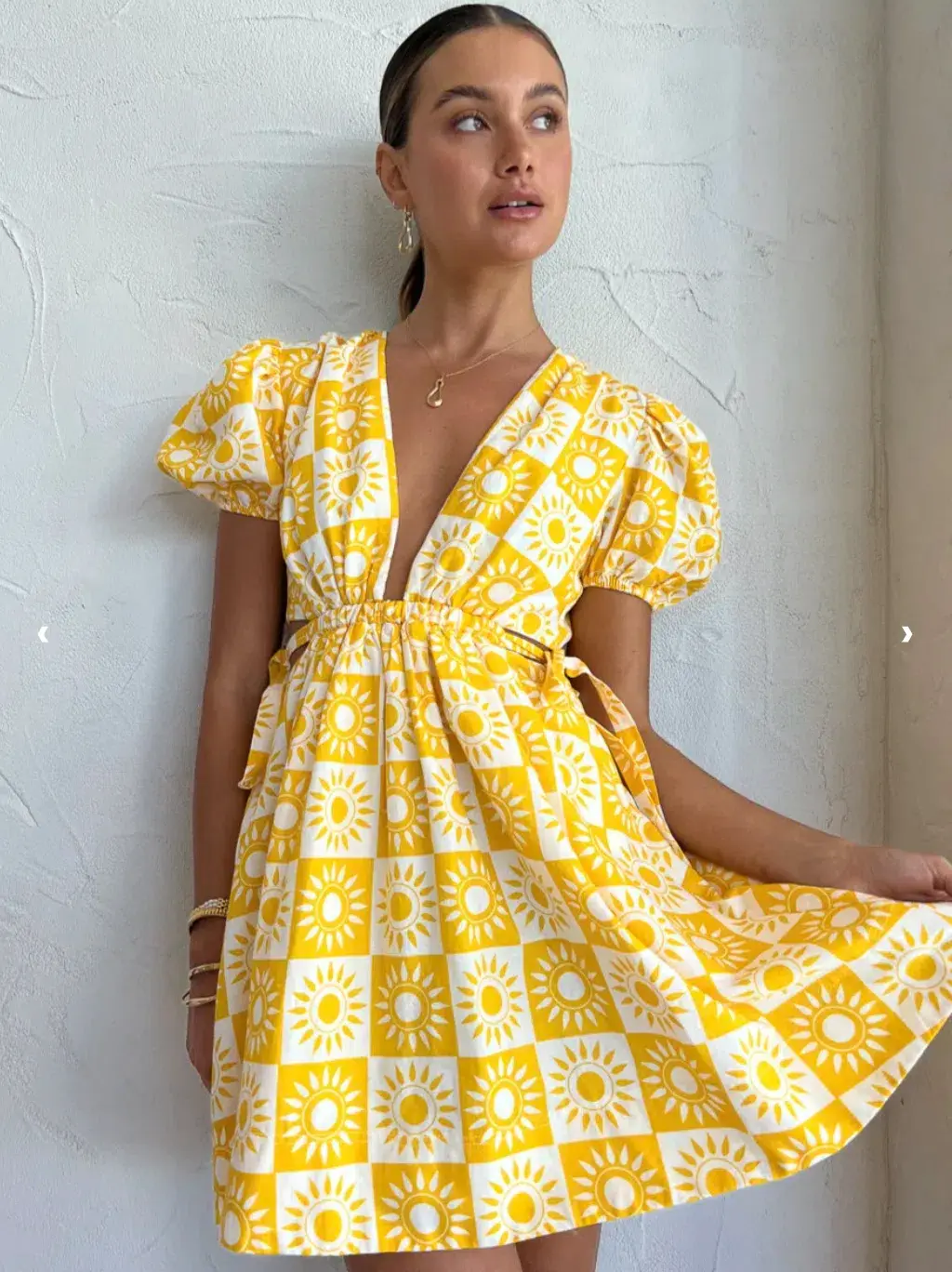 By Nicola Ahoy Plunge Neck Mini Dress Yellow Size AU 8 for rent on The Volte - main image