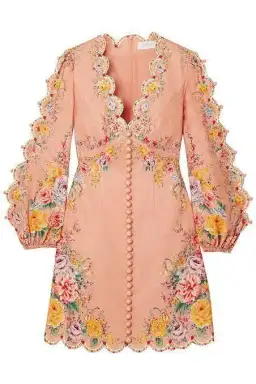 Zimmermann The Zinnia Scallop Mini Dress in Coral Floral Peach Size AU 8