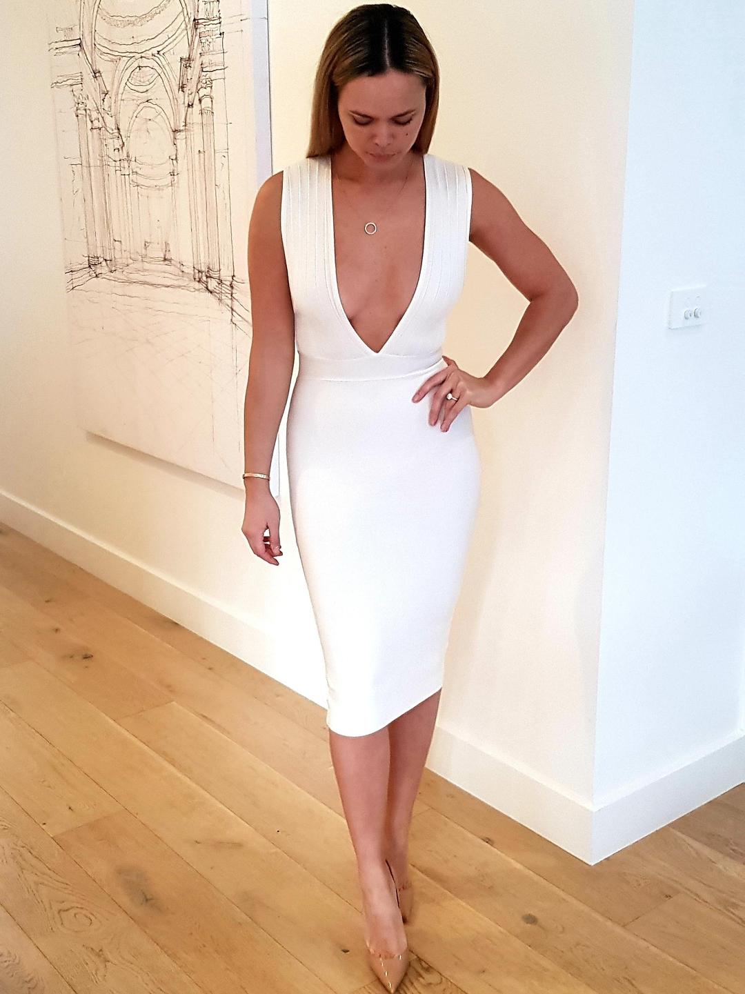 House of CB Maxen Deep V Bandage Midi Dress White Size 8 for rent on The Volte - main image