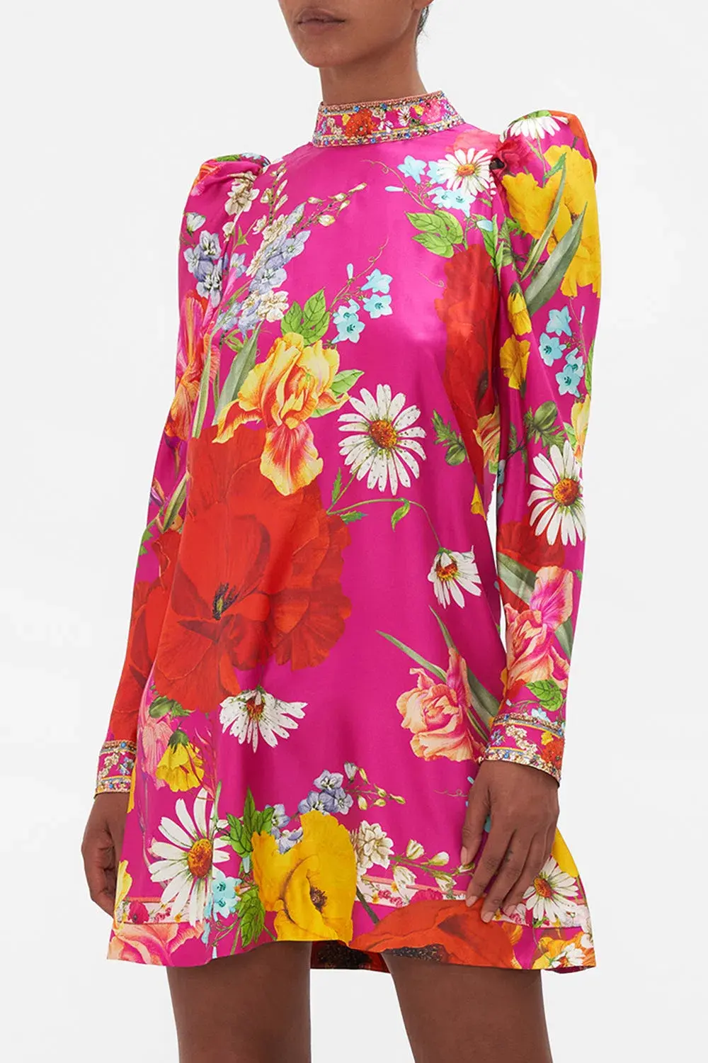 Camilla Puff Sleeve High Neck Mini Dress Floral Size M / Au 10 for rent on The Volte - main image