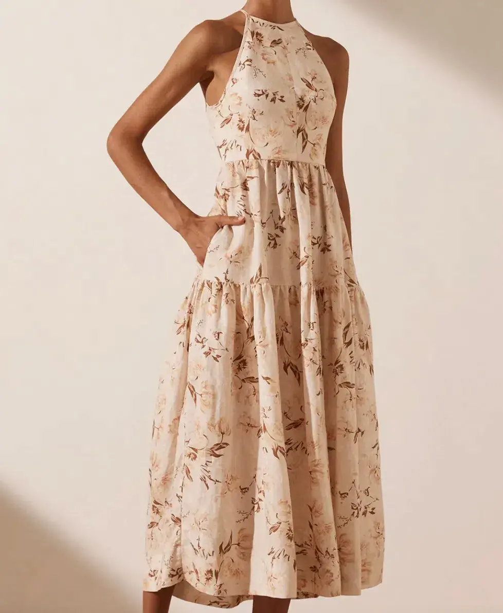 Shona Joy Roxanne Linen Open Back Tiered Midi Dress Floral Size 8 / S - Image 2