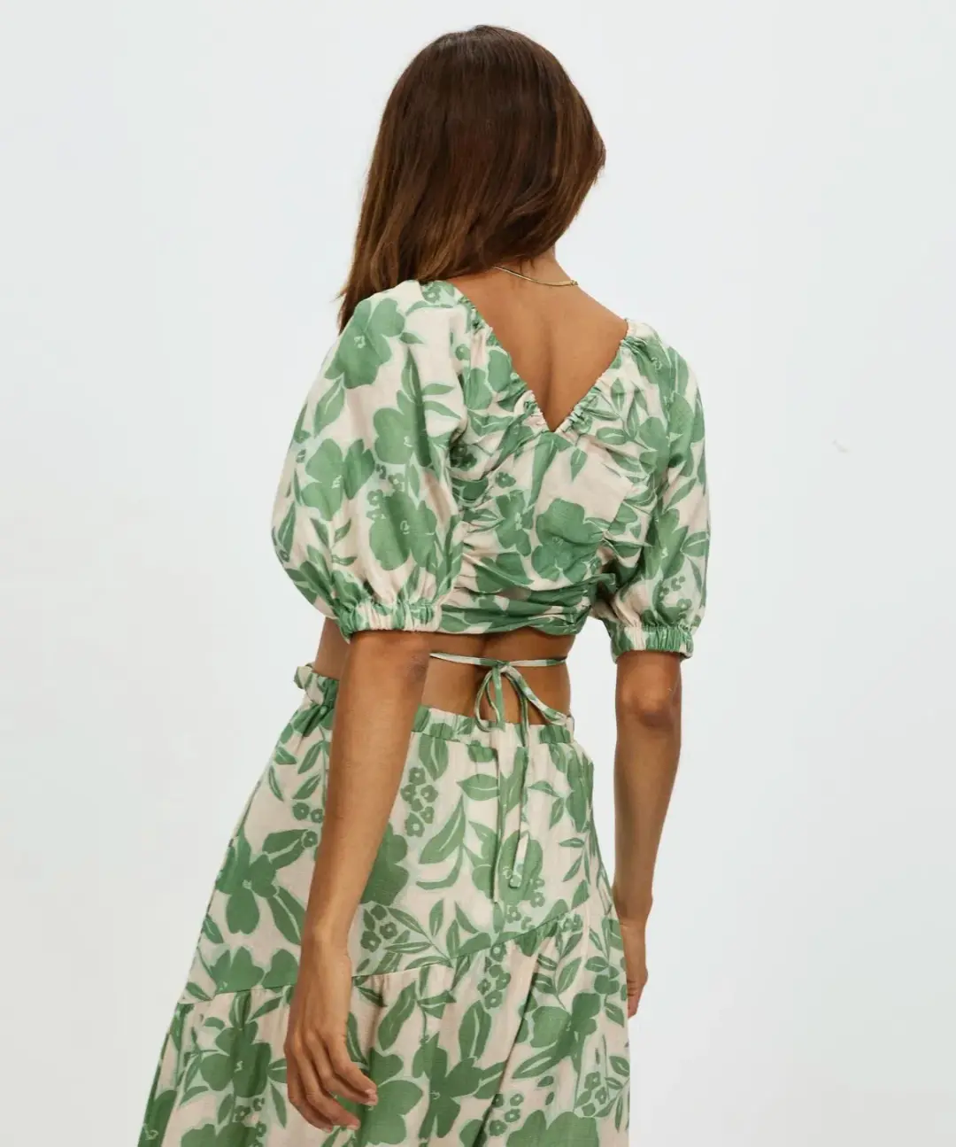 Aere Gathering Detail Linen Top & Maxi Skirt Set Floral Ivy Size 8/10 for rent on The Volte - main image