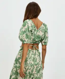 Aere Gathering Detail Linen Top & Maxi Skirt Set Floral Ivy Size 8/10 for rent on The Volte - image 3