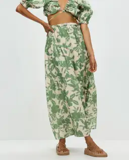 Aere Gathering Detail Linen Top & Maxi Skirt Set Floral Ivy Size 8/10 for rent on The Volte - image 4