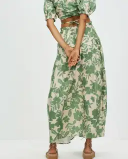 Aere Gathering Detail Linen Top & Maxi Skirt Set Floral Ivy Size 8/10 for rent on The Volte - image 5