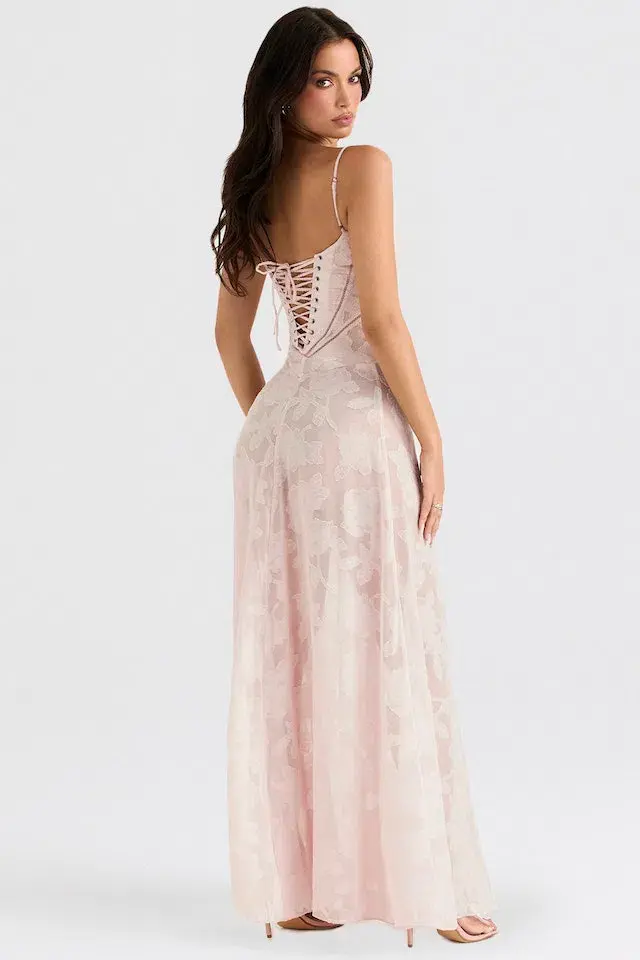 House of CB Seren Corset Lace Back Maxi Dress Soft Pink Floral Size Small / Au 8 for rent on The Volte - main image