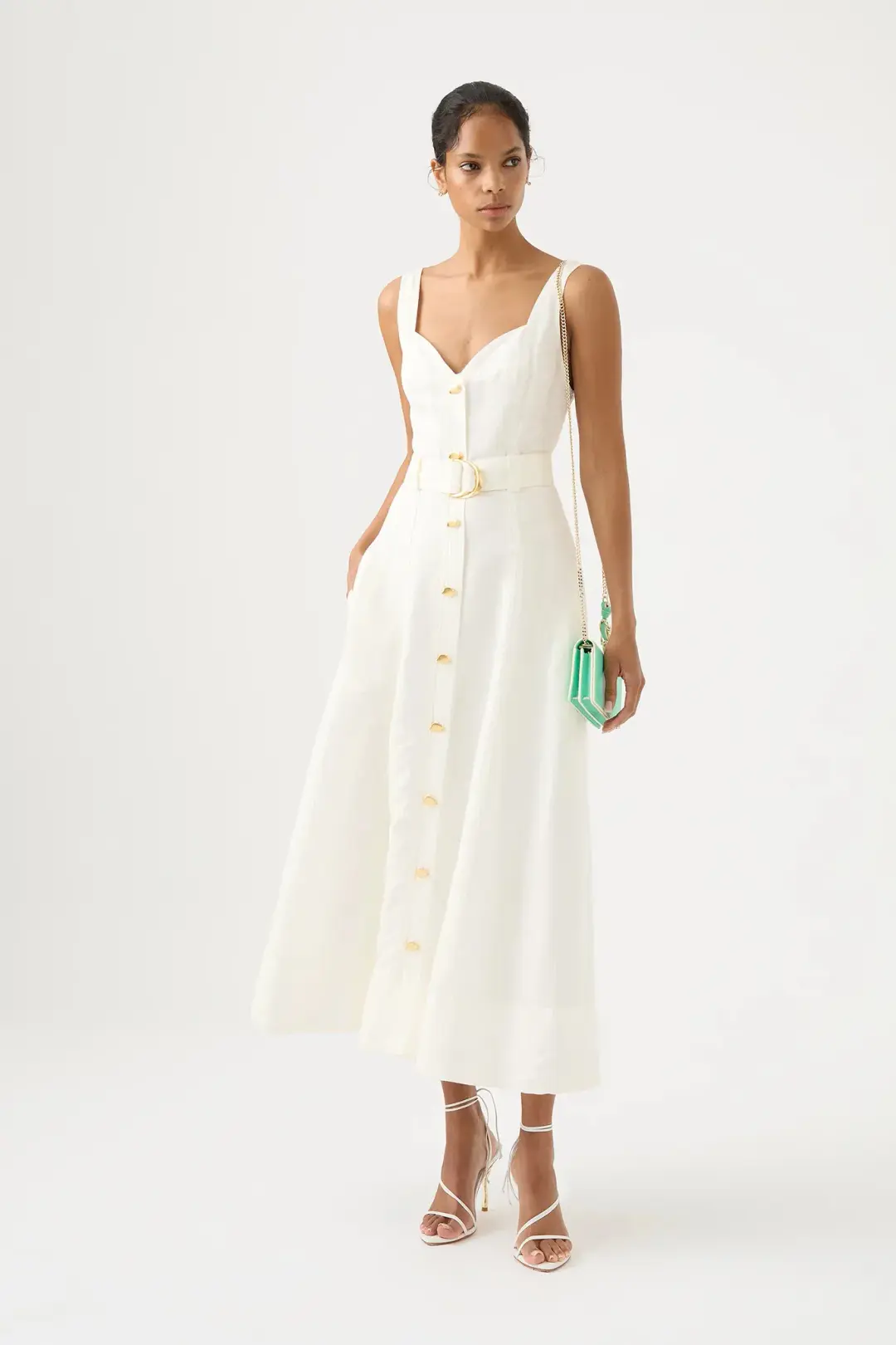 Aje Clay Belted Midi Dress Ivory White Size AU 10 for rent on The Volte - main image