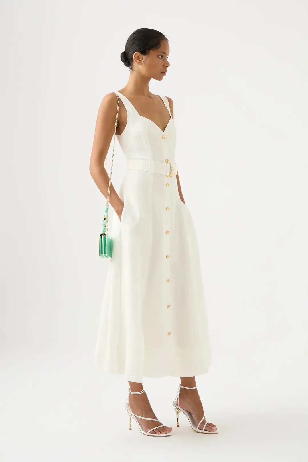 Aje Clay Belted Midi Dress Ivory White Size AU 10 for rent on The Volte - main image