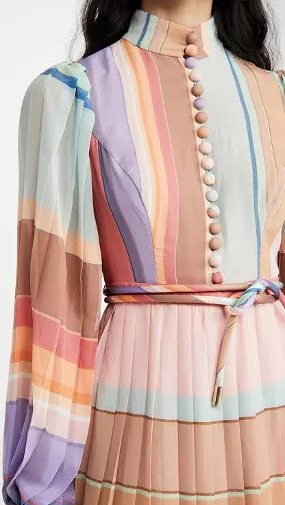 Zimmermann Rainbow Striped Crepe De Chine Midi Dress Multi Size 8 for rent on The Volte - main image