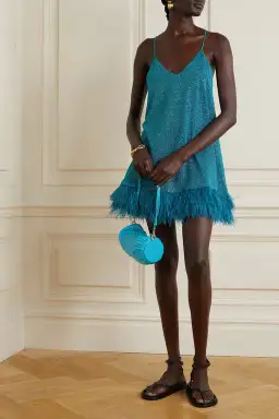 Oséree Lumière Feather-trimmed Stretch-lurex Mini Dress Blue Size 8