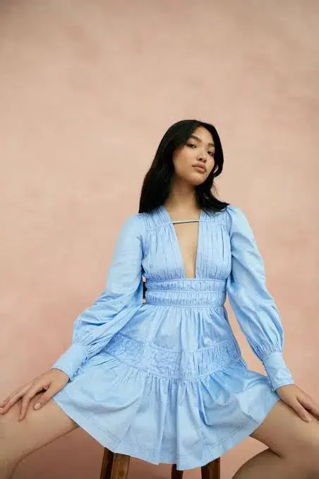 Aje Fallingwater Gathered Mini Dress Blue Size 8 for rent on The Volte - main image