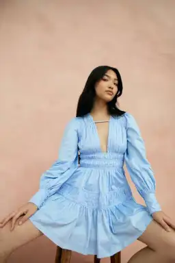 Aje Fallingwater Gathered Mini Dress Blue Size 8 for rent on The Volte - image 4