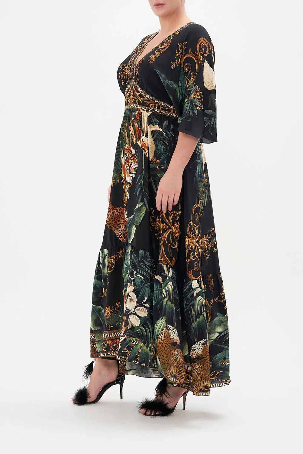 Camilla Easy Tiger New Season Full Length Waisted Dress With Hem Ruffle Black Size XS / AU 8 for rent on The Volte - main image