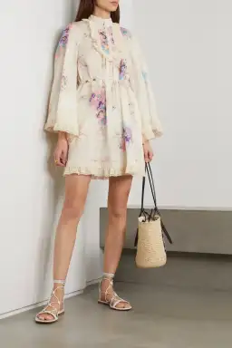 Zimmermann Jude Lace Trim Swing Linen Mini Dress in Floral Cream Size 1 / Au 10 for rent on The Volte - image 1