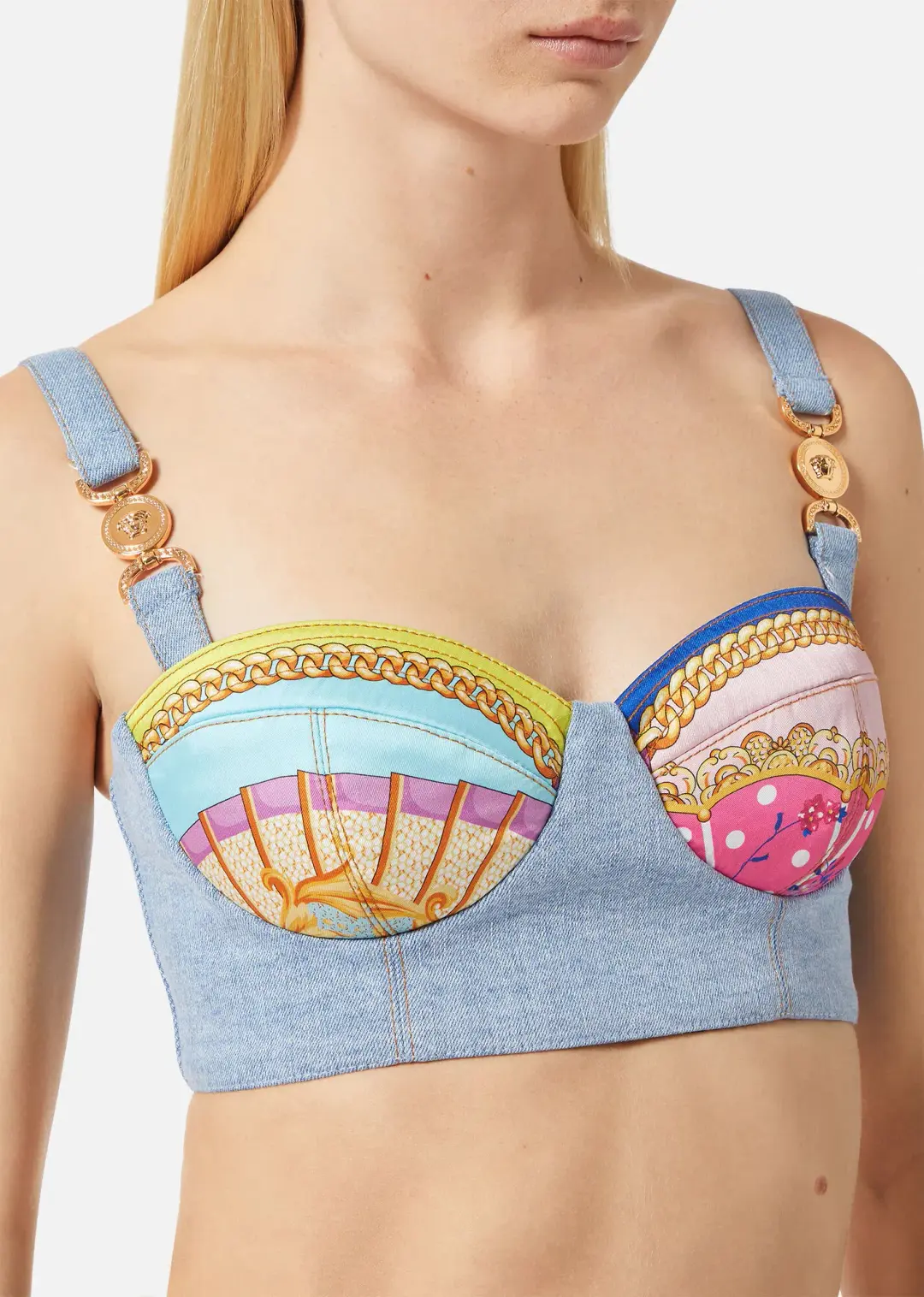 Versace Ventagli Denim Bralette Top Blue Size AU 8 for rent on The Volte - main image