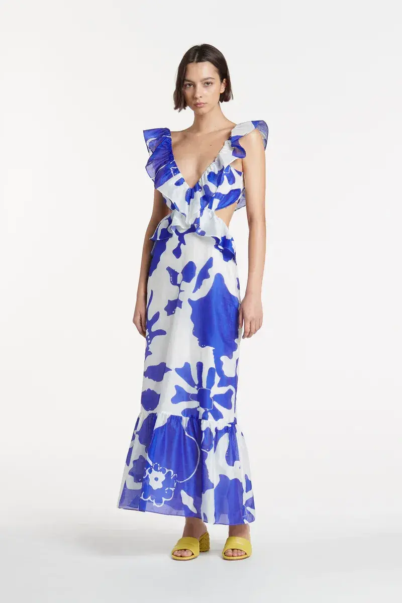 Sir the Label Vivi Frill Maxi Dress Blue Print Size 2 / AU 10 for rent on The Volte - main image