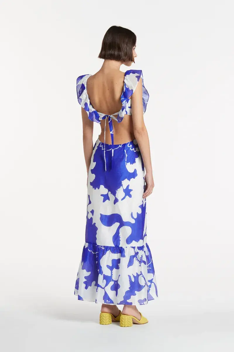 Sir the Label Vivi Frill Maxi Dress Blue Print Size 2 / AU 10 for rent on The Volte - main image