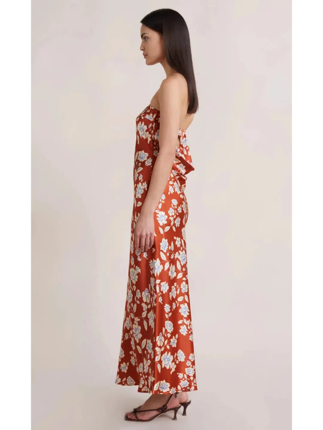 Bec & Bridge Blossom Strapless Maxi Dress Rust Print Size AU 6 for rent on The Volte - main image