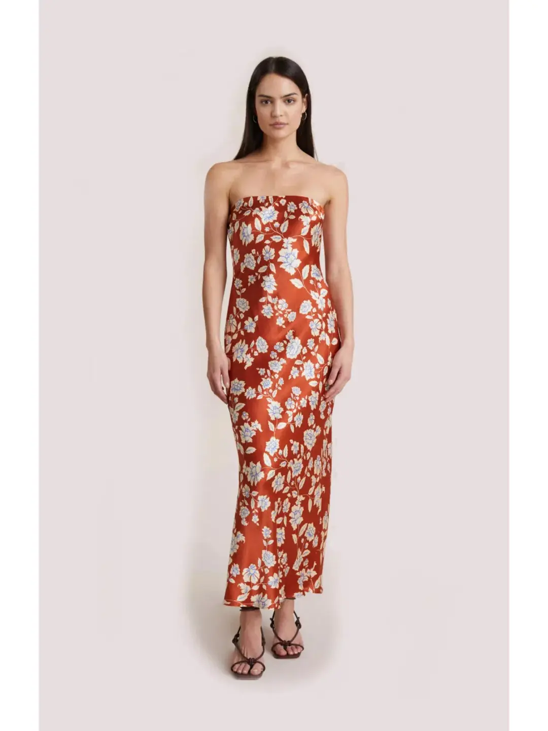 Bec & Bridge Blossom Strapless Maxi Dress Rust Print Size AU 6 for rent on The Volte - main image