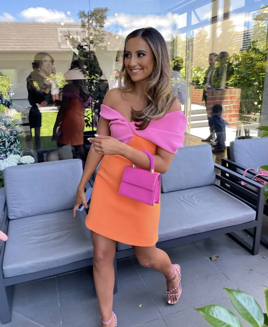 Rachel Gilbert Matteo Off Shoulder Mini Dress Orange/Pink Size 1 / AU 8 for rent on The Volte - main image