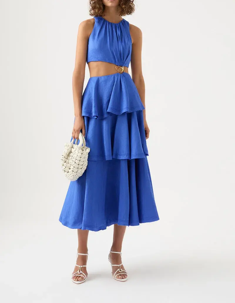 Aje Wave Cut Out Ring Midi Dress Blue Size 6 / XS for rent on The Volte - main image