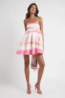 Aje Kasbah Sunset Stripe Ruched Bow Mini Dress Print Size 6 for rent on The Volte - image 1