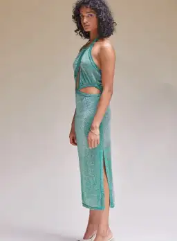 Suboo Aylish Halter Midi Dress in Green Metallic Size 6 for rent on The Volte - image 2