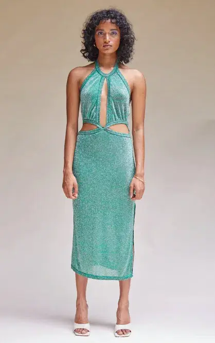 Suboo Aylish Halter Midi Dress in Green Metallic Size 6 for rent on The Volte - main image