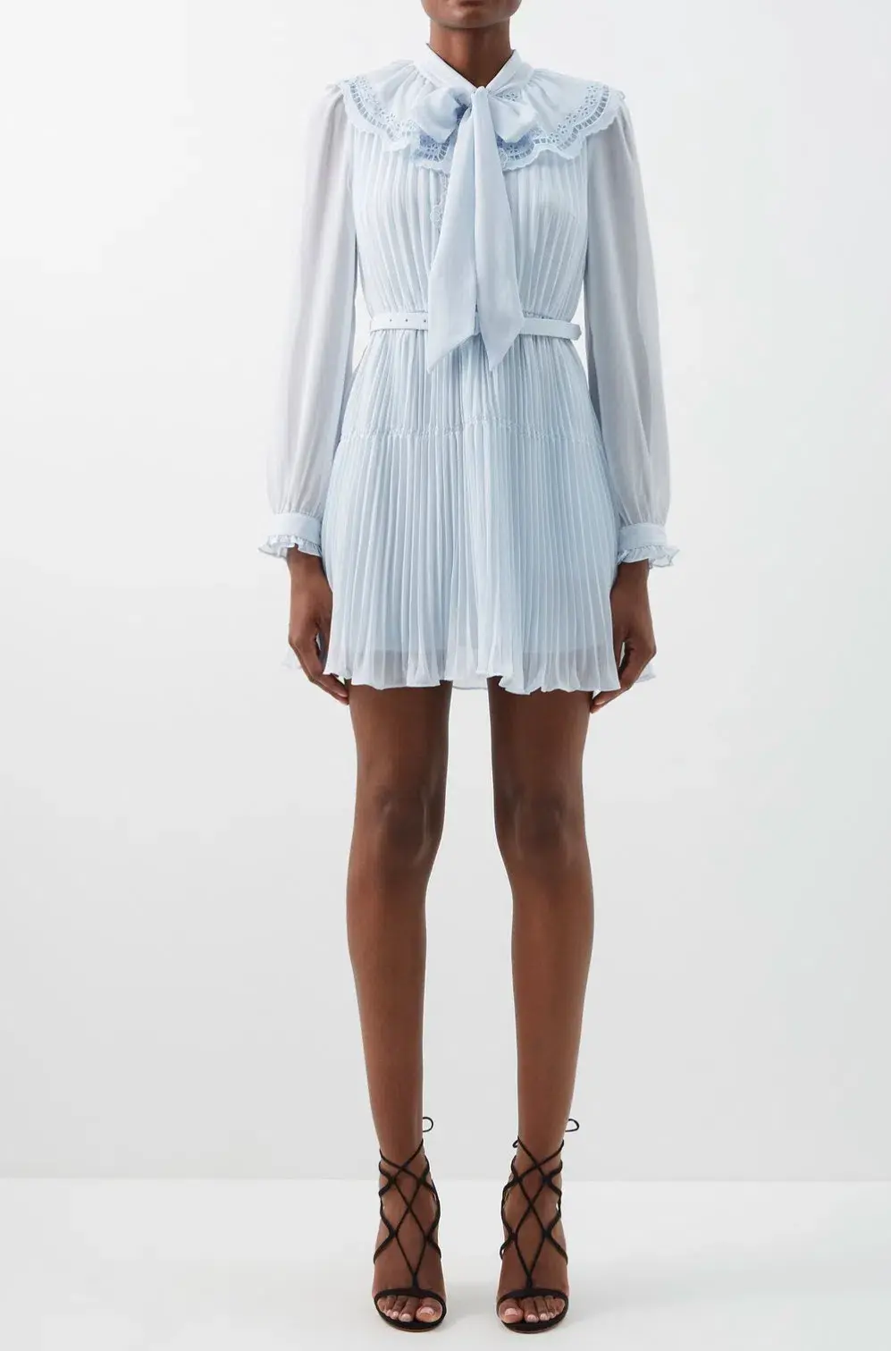 Self Portrait Broderie-Collar Pleated Chiffon Mini Dress Blue Size 12 for rent on The Volte - main image