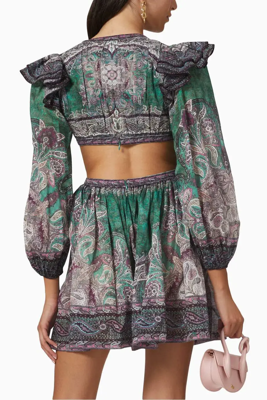 Zimmermann Anneke Ruffle Mini Dress Teal Paisley Size 0/Size 8 for rent on The Volte - main image